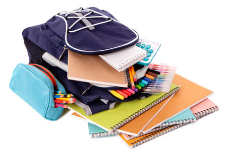 School bag with books and equipmentの写真素材
