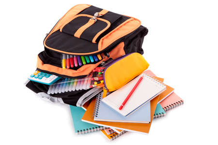 School bag with books and equipmentの写真素材