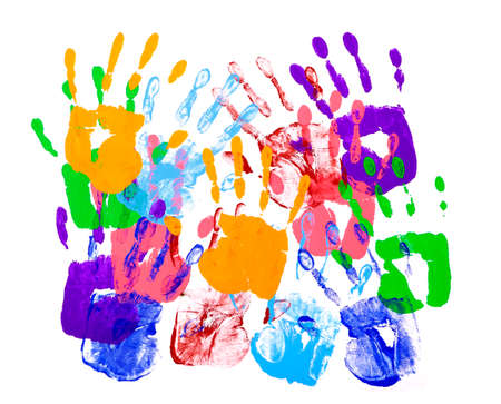 Multicolor handprints on a white backgroundの写真素材