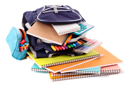 School bag with books and equipmentの写真素材