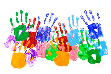 Multicolor handprints on a white backgroundの写真素材