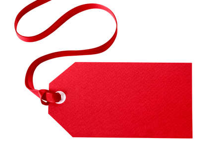 Red gift tag or price ticket with red ribbon isolated on white (with path)の写真素材