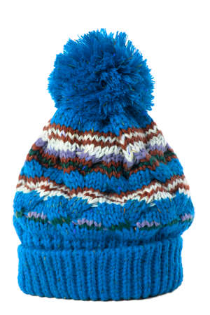 Blue bobble hat or knit hat isolated against a white background.の写真素材