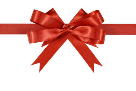 Red satin ribbon bow or rosette straight horizontal isolated on white backgroundの写真素材