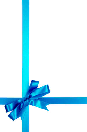 Light blue gift ribbon bow isolated on white background verticalの写真素材