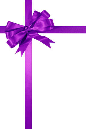 Purple gift ribbon bow isolated on white background verticalの写真素材