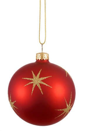 Red christmas ball or bauble with gold snowflake pattern isolated against a white backgroundの写真素材