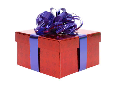Red gift box with blue ribbon bow isolated on white backgroundの写真素材