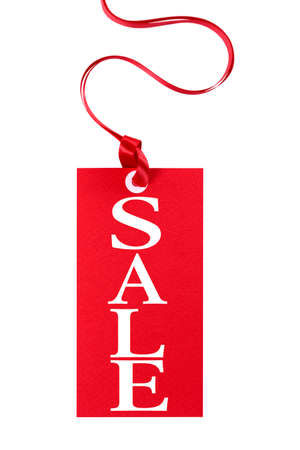 Sale price tag with red ribbon isolated on white.の写真素材