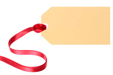Plain blank gift tag or manila label with ribbon isolated on white backgroundの写真素材