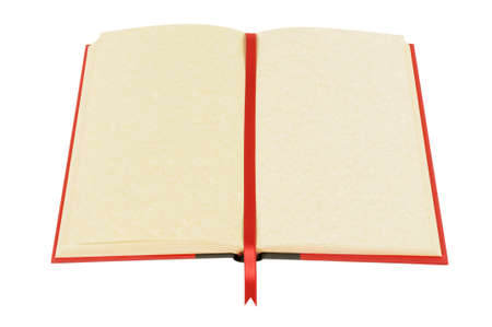 Old blank open book with red ribbon bookmark isolated on white background.の写真素材