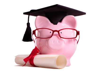 Student college graduate Piggy Bank degree diploma isolated on white background, front viewの写真素材