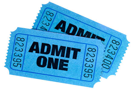 Two blue admit one tickets isolated on white background.