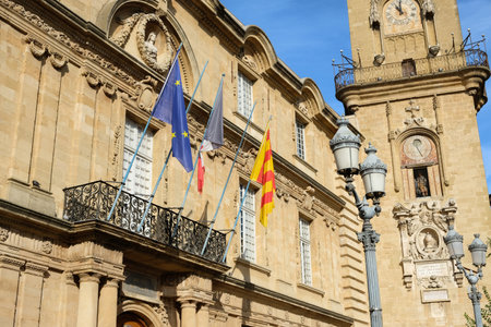 Clock tower and town hall building in aix en provence, franceのeditorial素材