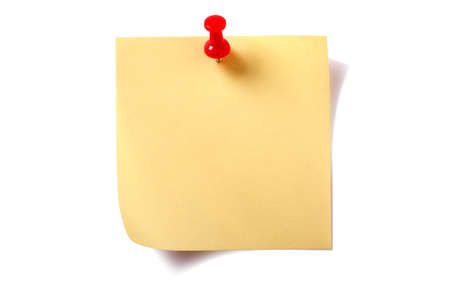 Yellow square sticky post note with pushpin  isolated on whiteの写真素材