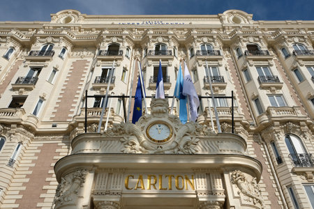 Cannes, France - October 28, 2017 : front entrance view of the famous Carlton International Hotel situated on the croisette boulevard in Cannes, Franceのeditorial素材
