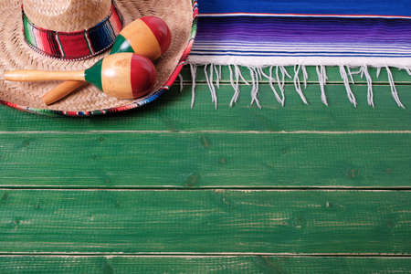 Mexico background border mexican sombrero maracas fiesta woodの写真素材