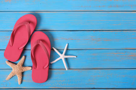 Flip flops beach summer starfish background borderの写真素材