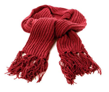 Red winter scarf thick wool isolated white backgroundの写真素材