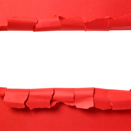 Torn red paper strip with white background copy spaceの写真素材