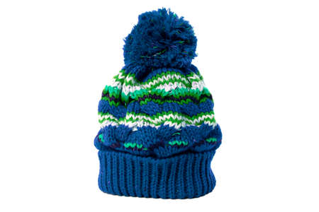 Blue winter ski knit hat  isolated on whiteの写真素材