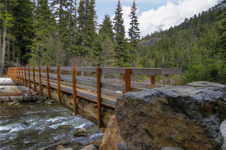 Wooden Log Bridge Over River in Mount Hood Scenic Areaの写真素材