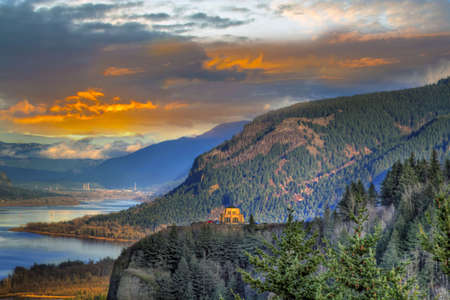 Sunset on Vista House on Crown Point Columbia Gorgeの写真素材