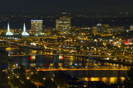 Bridges of Portland Oregon over Willamette River at Nightの写真素材