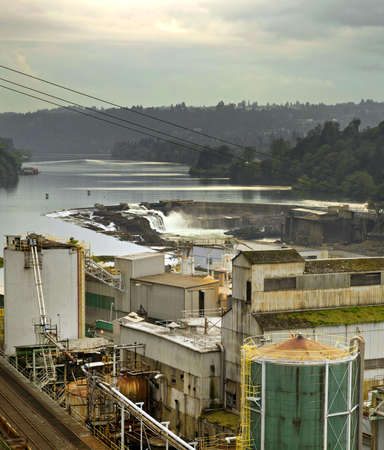 Electricity Power Plant at Willamette Falls Dam in Oregon Cityの写真素材