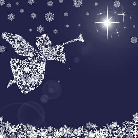 Christmas Angel with Trumpet and Snowflakes Blue Backgroundの写真素材