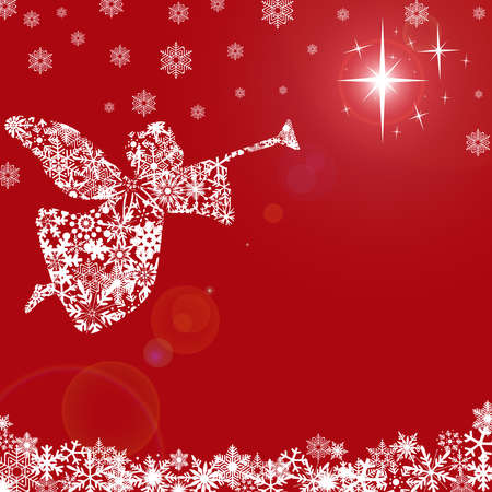 Christmas Angel with Trumpet and Snowflakes Red Backgroundの写真素材