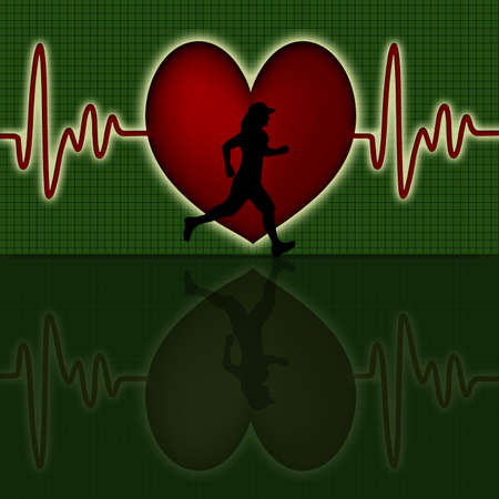 Female Runner Silhouette with Red Heart Beat Electrocardiograph Green Backgroundの写真素材