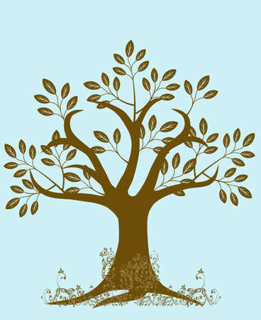 Abstract Tree Silhouette with Leaves and Vines on Blue Backgroundの写真素材