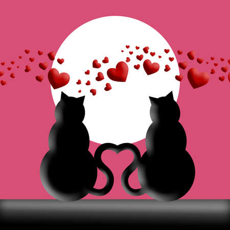 Happy Valentines Day Cats in Love with Moon and Hearts Silhouette Illustrationの写真素材
