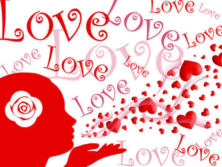 Woman Blowing Kisses of Red Pink Hearts and Love Illustration on White Backgroundの写真素材