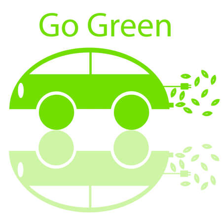 Go Green Eco Friendly Electric Car with Electrical Plug and Leaf Illustrationの写真素材