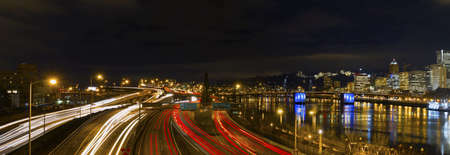 Freeway Light Trails in Downtown Portland Oregon Panorama at Nightの写真素材