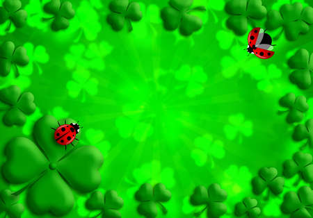 Happy St Patricks Day Shamrock Leaves and Red Ladybugs Illustrationの写真素材
