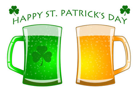 Happy St Patricks Day Glasses of Green and Draft Beer with Shamrock Illustrationの写真素材