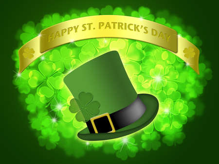 St Patricks Day Leprechaun Hat Banner with Shamrocks Bokeh Illustrationの写真素材