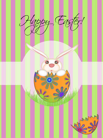 Happy Easter Bunny Hatching from Floral Egg Illustrationの写真素材