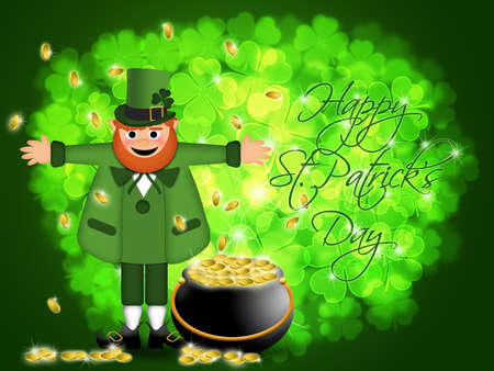 Happy St Patricks Day Irish Leprechaun with Pot of Gold Illustrationの写真素材