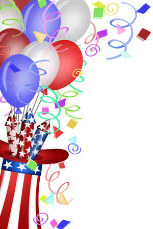 Uncle Sam Hat with Red White Blue Fireworks and Balloons Illustrationの写真素材