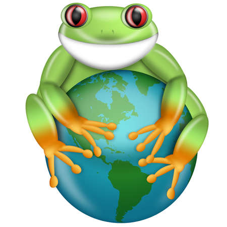 Red-Eyed Green Tree Frog Hugging Planet Earth Globe Illustrationの写真素材