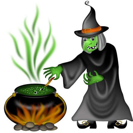 Halloween Witch with Green Face Posing Illustrationの写真素材