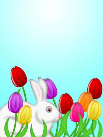 White Easter Bunny in Colorful Tulips Flower Field Illustrationの写真素材