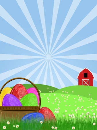Happy Easter Egg Basket on Green Pasture with Red Barn Illustrationの写真素材