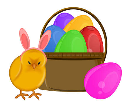 Easter Chick with Bunny Ears Headband and Basket of Eggs Illustrationの写真素材