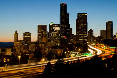 Seattle Washington Downtown Skyline with Highway Light Trailsの写真素材