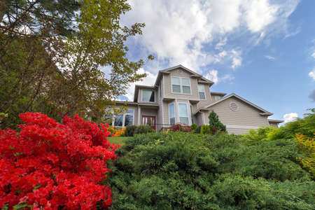 Frontyard of Single Family Home in North America Suburban Neighborhood in Springtimeの写真素材